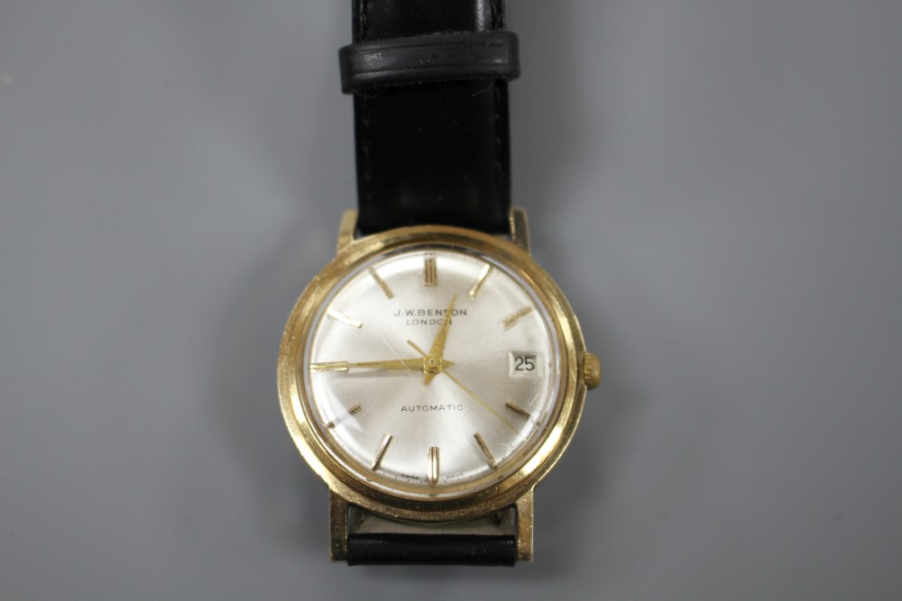 A gentlemans 1960s 9ct gold J.W. Benson automatic wrist watch, on later associated leather strap.